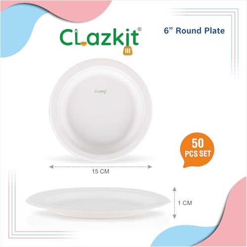 Clazkit 6 Inch Round Bagasse Plates (50 Pc) - Bamboo-Like Party Pack, Biodegradable Eco-Friendly Alternative to Plastic or Paper Plates - Image 2