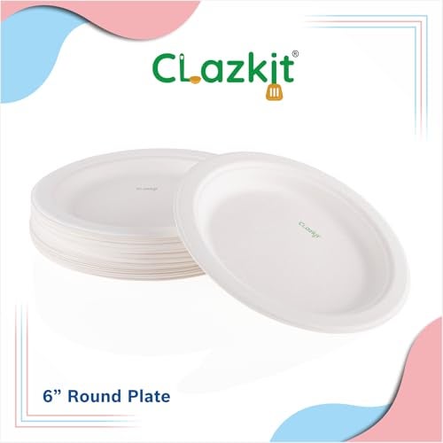 Clazkit 6 Inch Round Bagasse Plates (50 Pc) - Bamboo-Like Party Pack, Biodegradable Eco-Friendly Alternative to Plastic or Paper Plates - Image 5