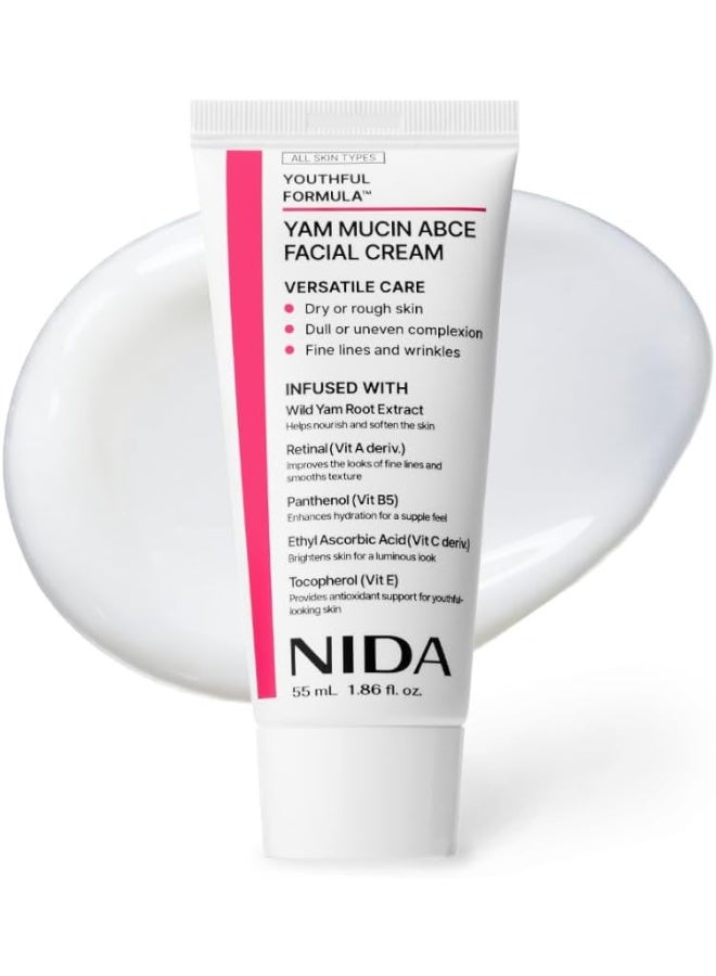 NIDA Youthful Formula™ Yam Mucin ABCE Facial Cream | Wild Yam Root Extract, Retinal, Panthenol, Ethyl Ascorbic Acid, Tocopherol | Hydration, Wrinkles, Dry Skin | 1.86 fl. oz., 55ml - Image 1