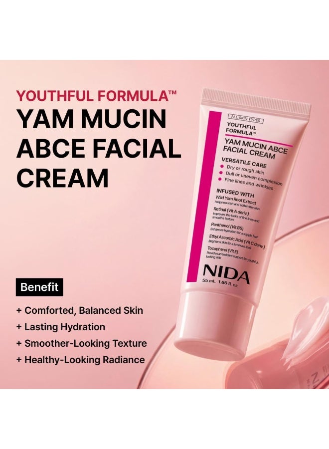NIDA Youthful Formula™ Yam Mucin ABCE Facial Cream | Wild Yam Root Extract, Retinal, Panthenol, Ethyl Ascorbic Acid, Tocopherol | Hydration, Wrinkles, Dry Skin | 1.86 fl. oz., 55ml - Image 2
