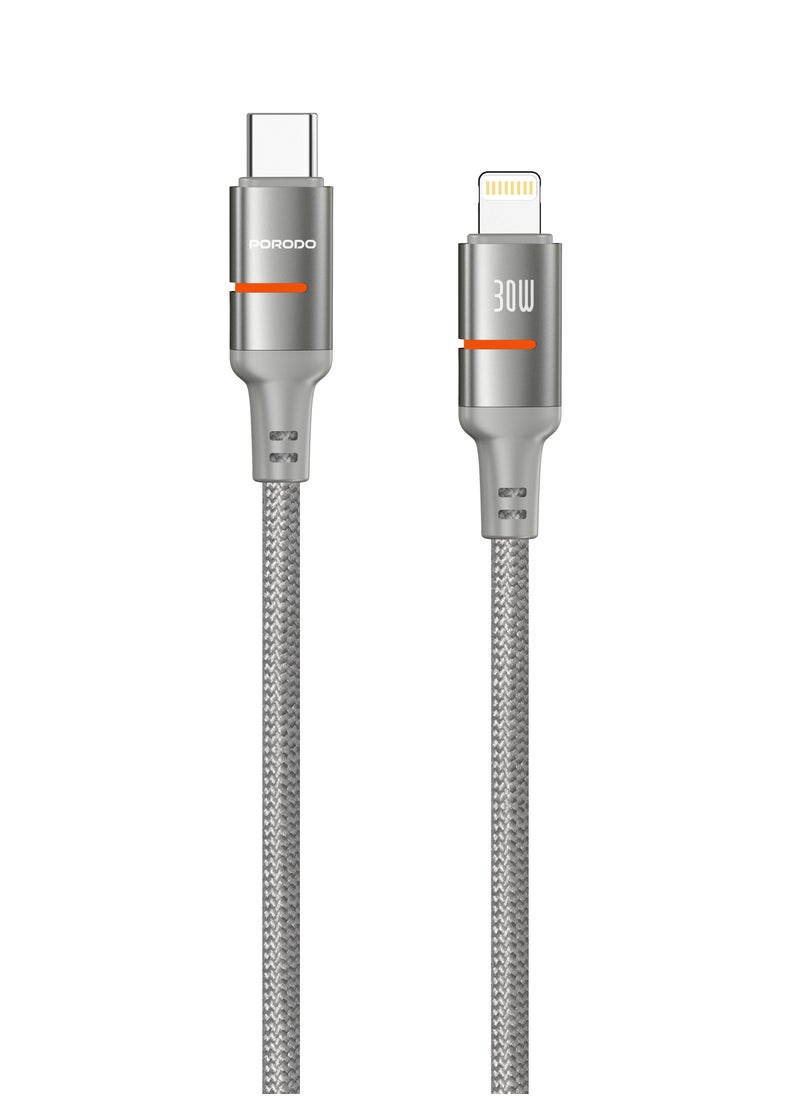 porodo USB-C To Lightning Cable 1.2m with LED Light 30W PD/Braided Tangle-Free Wire / Universal Compatibility / Safe & Reliable Cable for Data Transfer & Fast Charging - Grey  - Image 1