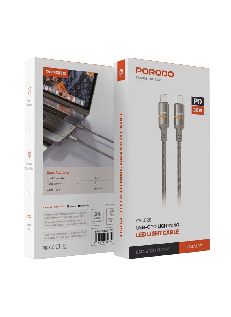 porodo USB-C To Lightning Cable 1.2m with LED Light 30W PD/Braided Tangle-Free Wire / Universal Compatibility / Safe & Reliable Cable for Data Transfer & Fast Charging - Grey  - Image 2