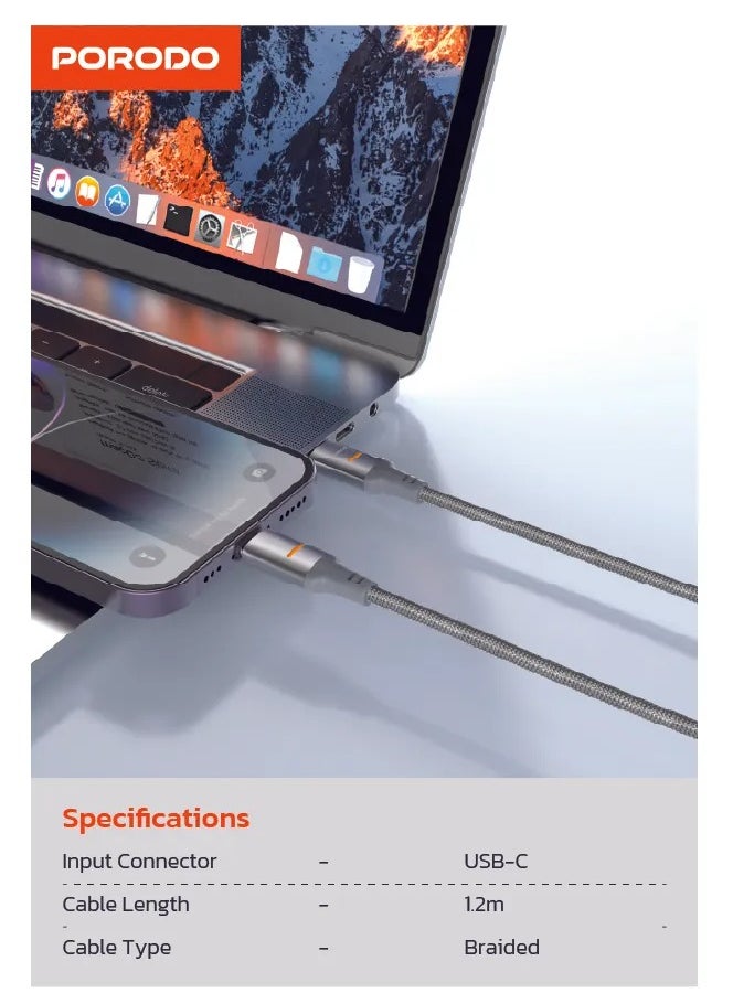 porodo USB-C To Lightning Cable 1.2m with LED Light 30W PD/Braided Tangle-Free Wire / Universal Compatibility / Safe & Reliable Cable for Data Transfer & Fast Charging - Grey  - Image 3