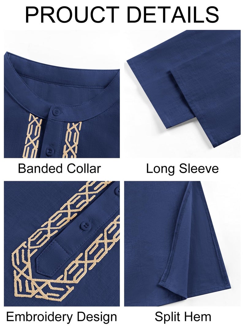 Runcati Mens Kaftan Thobe Button Down Casual Henley Shirts Long Sleeve Robe Cotton Linen Muslim Gown Shirt Navy - Image 5