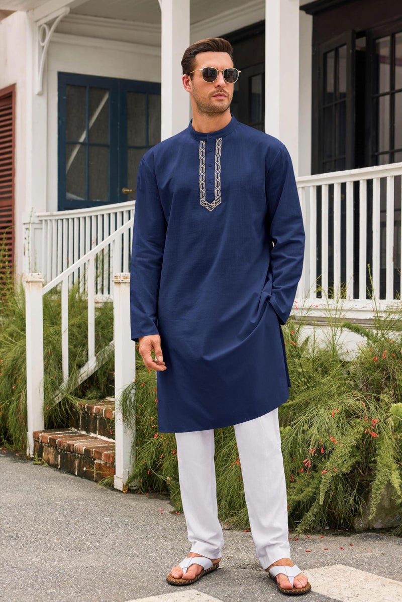 Runcati Mens Kaftan Thobe Button Down Casual Henley Shirts Long Sleeve Robe Cotton Linen Muslim Gown Shirt Navy - Image 4