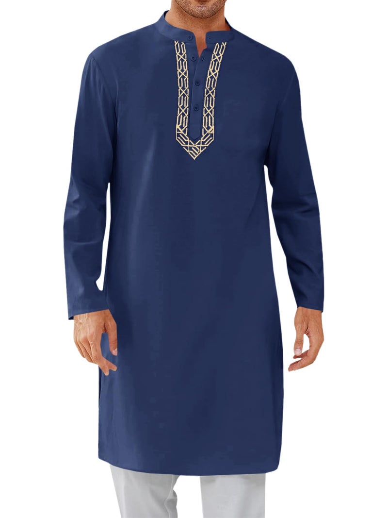 Runcati Mens Kaftan Thobe Button Down Casual Henley Shirts Long Sleeve Robe Cotton Linen Muslim Gown Shirt Navy - Image 1