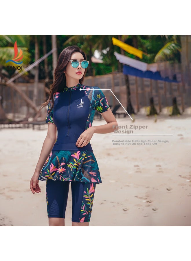 Sanqi One-piece Swimsuit For Women, Dress-style With Boy Shorts, Conservative, Slimming, Athletic, Plus Size, Hot Spring Swimwear, 18076 Navy Blue, Size L - Image 4