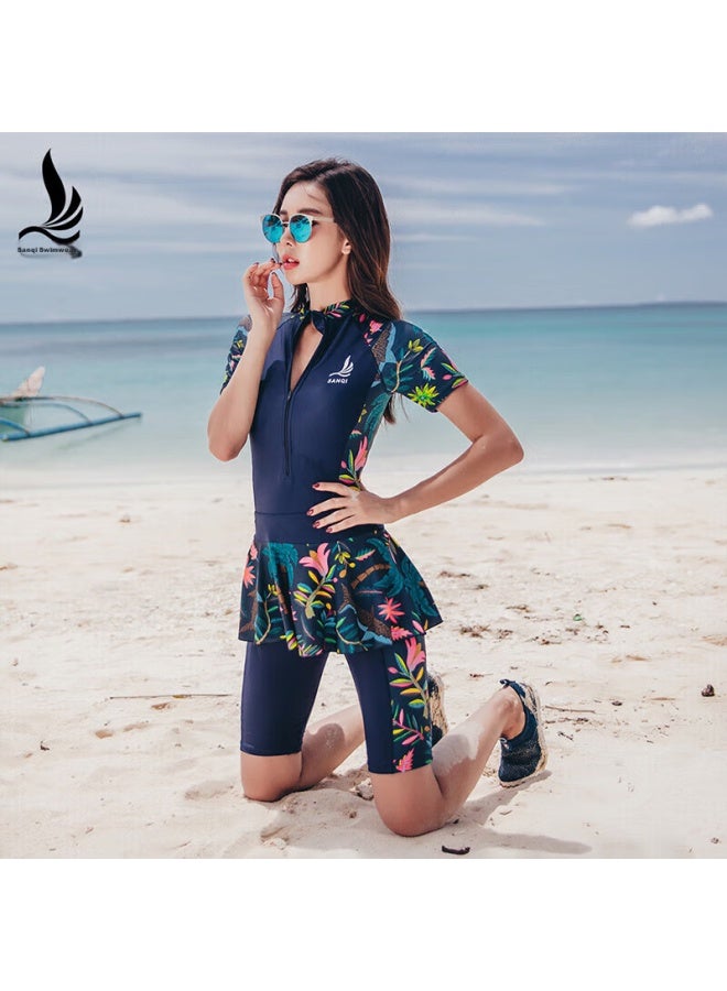 Sanqi One-piece Swimsuit For Women, Dress-style With Boy Shorts, Conservative, Slimming, Athletic, Plus Size, Hot Spring Swimwear, 18076 Navy Blue, Size L - Image 1