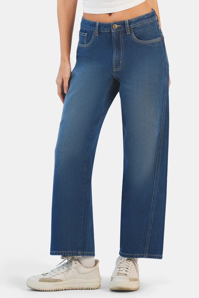 فيرجيو Solid Cotton Denim Straight Pants for Women