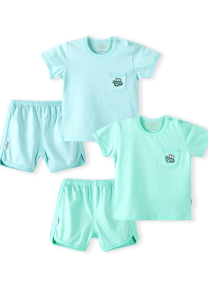 AIWANTO 2 Set Plain With Pocket Bee Design Baby Boy and Baby Girl Clothes Set Cotton T-Shirt and Shorts Lake Green & Light Blue (15-24months)