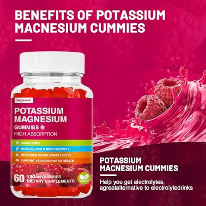 Vegavero Potassium Magnesium Gummies - Magnesium Glycinate B6,D3 & Potassium Citrate for Leg Cramps,Muscle,Electroyte for Adults Kids,Sugar-Free - 60 Raspberry Gummies - Image 2