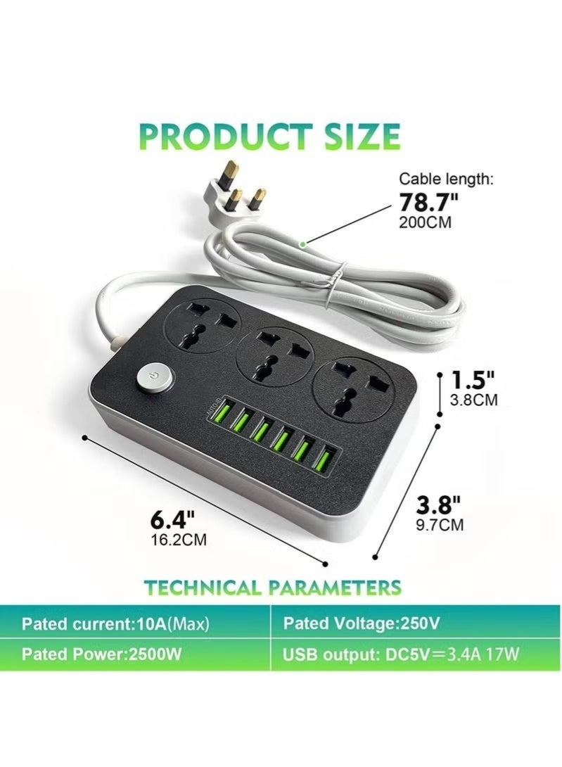 مشترك كهرباء بـ 3 مقابس و6 منافذ USB، ومقبس شحن شامل مزود بسلك تمديد سميك بطول 2 متر. - Image 3