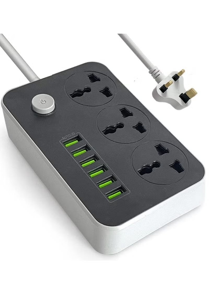مشترك كهرباء بـ 3 مقابس و6 منافذ USB، ومقبس شحن شامل مزود بسلك تمديد سميك بطول 2 متر. - Image 1