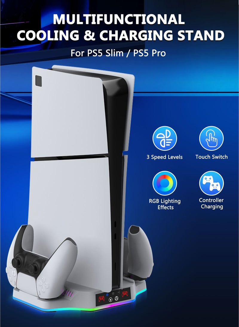 DOBE TP5-3583B Multifunctional Cooling & Charging Base for PS5 Pro/PS5 Slim - Dual Controller Charging Station, RGB Lighting, Game Storage Stand-White - Image 2