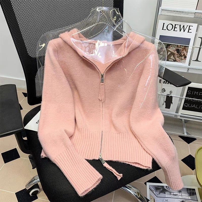 Elegant Knitted Cardigan Womens Cropped Jacket Double Zip Hooded Slimming Smooth Sweater Top For Autumn Early Fall 8836 pink 