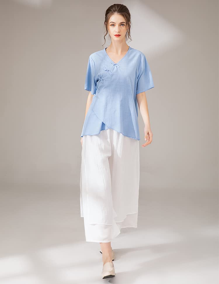 Minibee Women's Wide Leg Pants Loose Layer Capris Palazzo Elastic Waist Trousers White L - Image 3