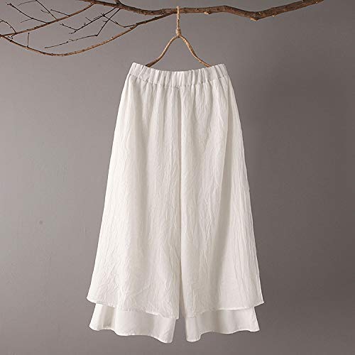 Minibee Women's Wide Leg Pants Loose Layer Capris Palazzo Elastic Waist Trousers White L - Image 2
