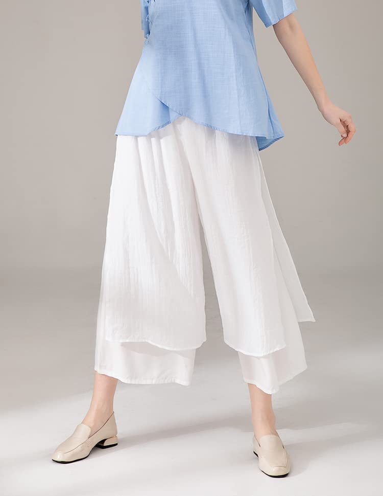 Minibee Women's Wide Leg Pants Loose Layer Capris Palazzo Elastic Waist Trousers White L - Image 4