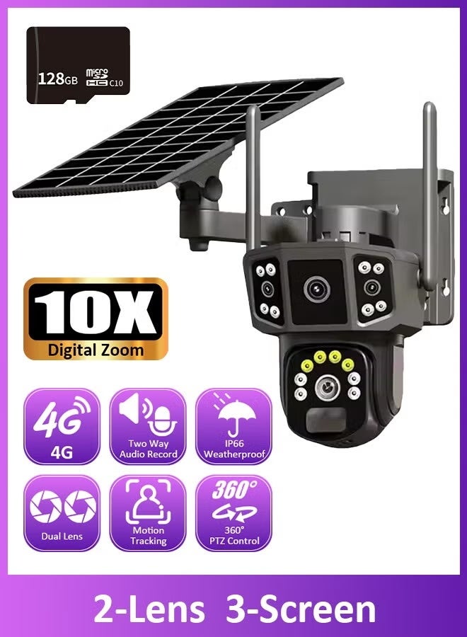 ZONBON Solar Camera 3 Screen Dual Lens Outdoor Security Camera with 128GB Card, 360° PTZ Cameras Viewing Angle, Two-Way Audio, PIR Human Detection, Surveillance Camera System With Solar Panel - Image 1