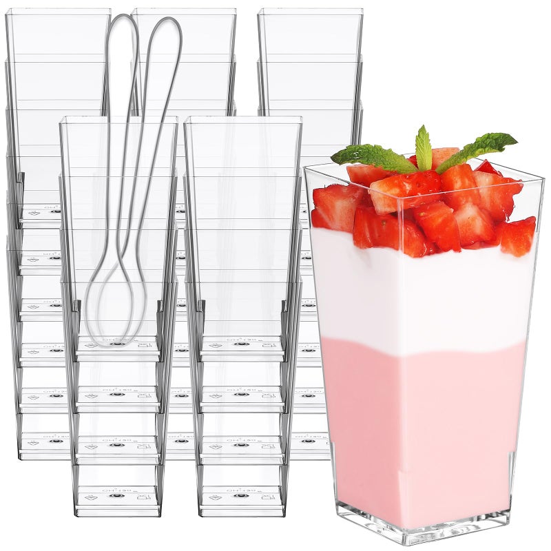 Eupako 3 oz Plastic Dessert Shooter Cups with Spoons  50 PCS Mini Clear Square Plastic Tumbler Cups  Small Dessert Cup for Jello Shots  Appetizers  Puddings  Mousse  Parfait - Image 1