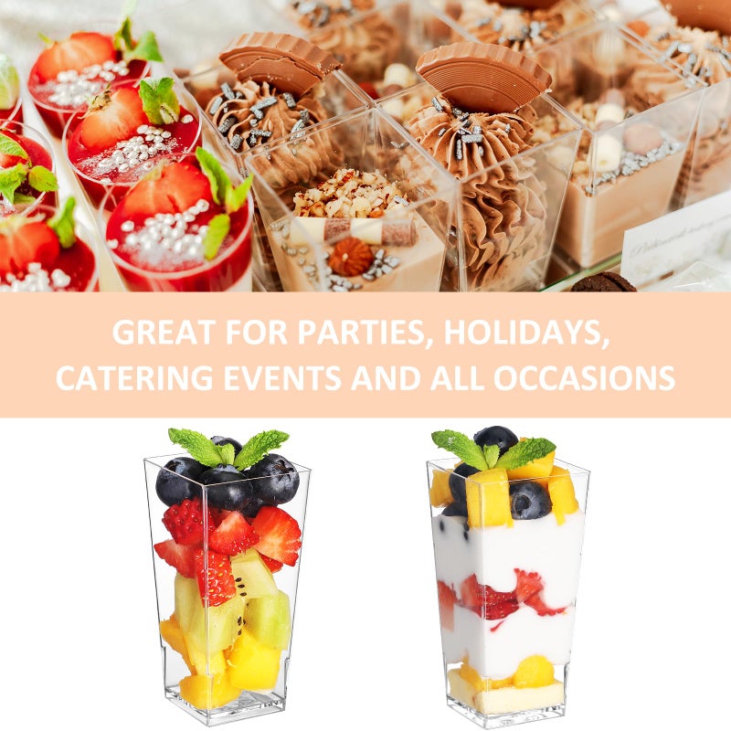 Eupako 3 oz Plastic Dessert Shooter Cups with Spoons  50 PCS Mini Clear Square Plastic Tumbler Cups  Small Dessert Cup for Jello Shots  Appetizers  Puddings  Mousse  Parfait - Image 4