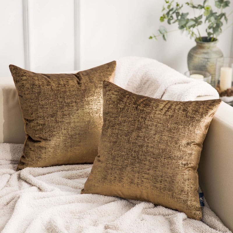 Phantoscope Pack of 2 Sparkling Velvet Geometricpattern Throw Decorative Pillow Cover Soft Gold Glitter Square Cushion Cover Pillowcase for Couch Bed and Chair Dark Brown 20 x 20 inches 50 x 50 cm