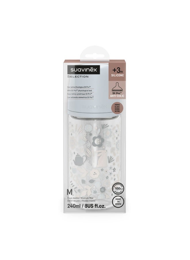 SUAVINEX زجاجة رضاعة أطفال زجاجية بحلمة فسيولوجية بتدفق متوسط، تحاكي تجربة الرضاعة الطبيعية، +3 أشهر 240 مل - أزرق - Image 3