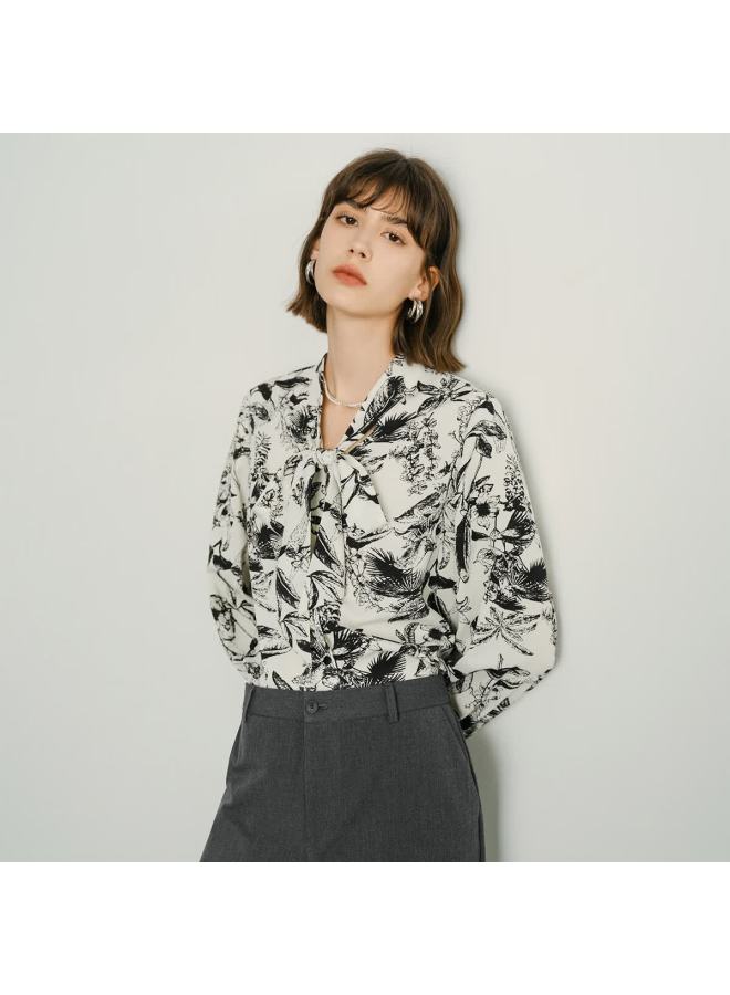 Yanyee Long-sleeve Tie-up Blouse For Women,  Autumn French Style Top, Commuter Elegant Printed Shirt, Black Floral Pattern, Size M - Image 2