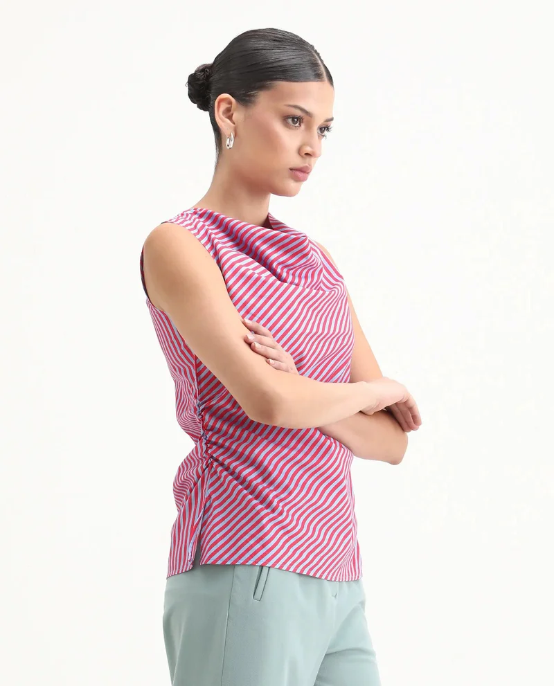 Rareism Women's Casual Printed Stripe Everyday Top