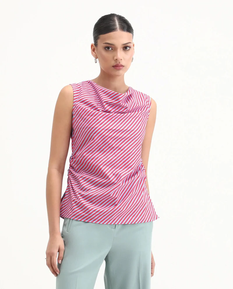 Rareism Women's Casual Printed Stripe Everyday Top