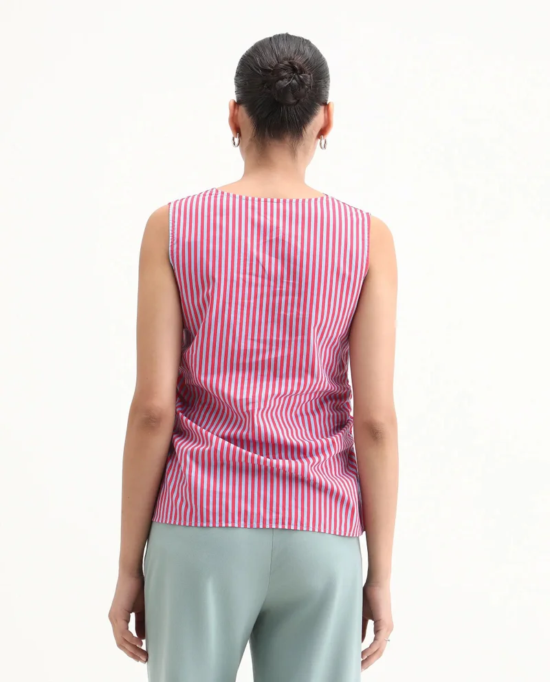 Rareism Women's Casual Printed Stripe Everyday Top