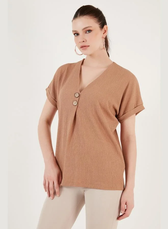 Lela Lela Button Detail V-Neck Blouse Women's Blouse 5865567