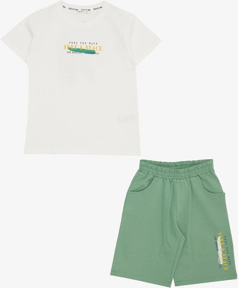 Breeze Boy's Shorts Set with Holiday Themed Text Printed, Ages 4-9, Ecru