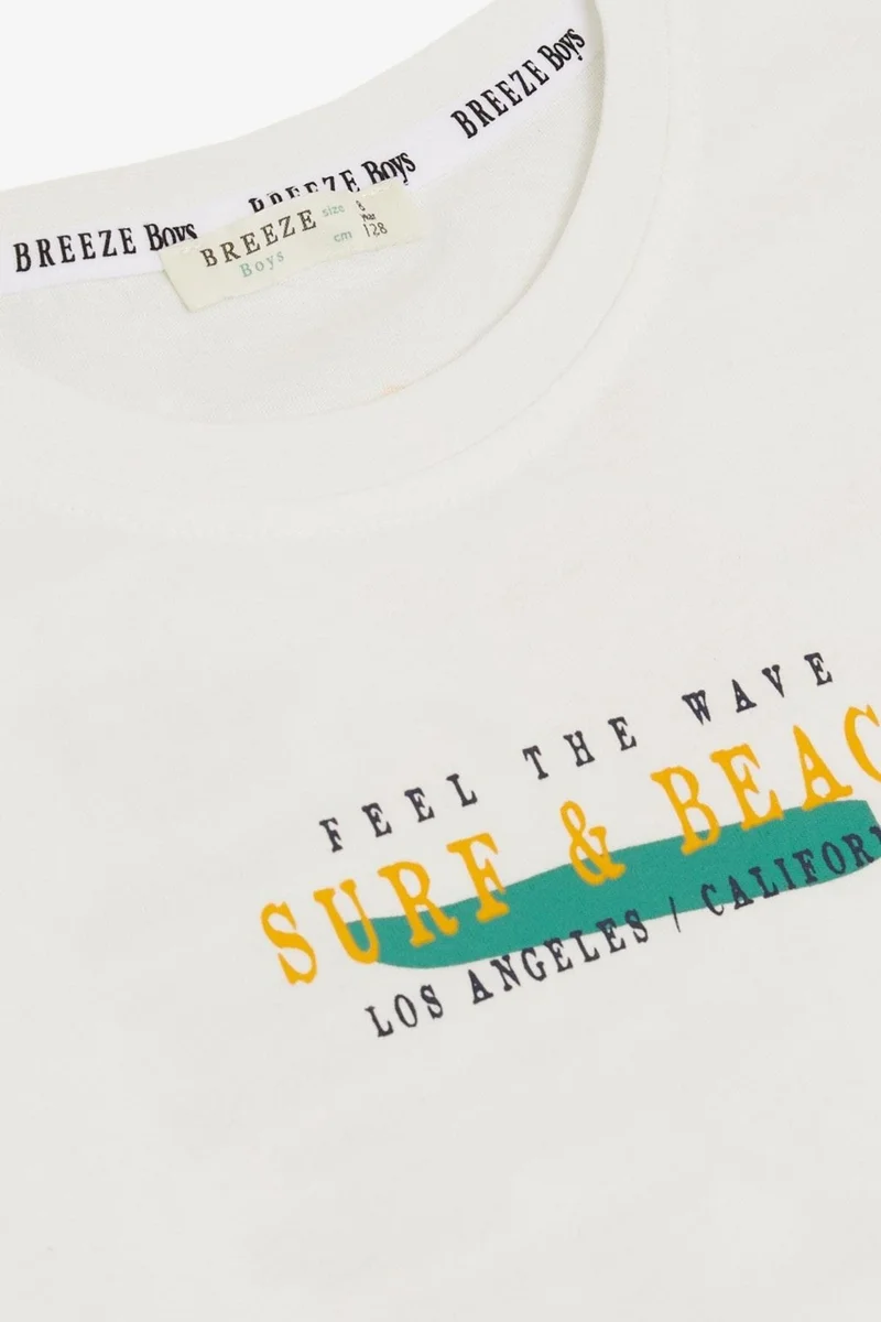 Breeze Boy's Shorts Set with Holiday Themed Text Printed, Ages 4-9, Ecru