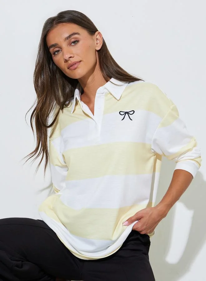 Multi-Color Striped Bow Embroidered Long Sleeves Polo T-Shirt
