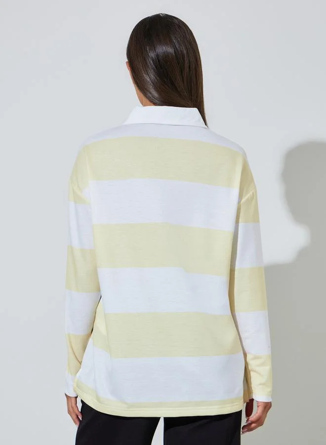 Styli  Multi-Color Striped Bow Embroidered Long Sleeves Polo T-Shirt for Women | Best Price UAE