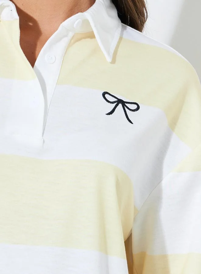 Styli  Multi-Color Striped Bow Embroidered Long Sleeves Polo T-Shirt for Women | Best Price UAE