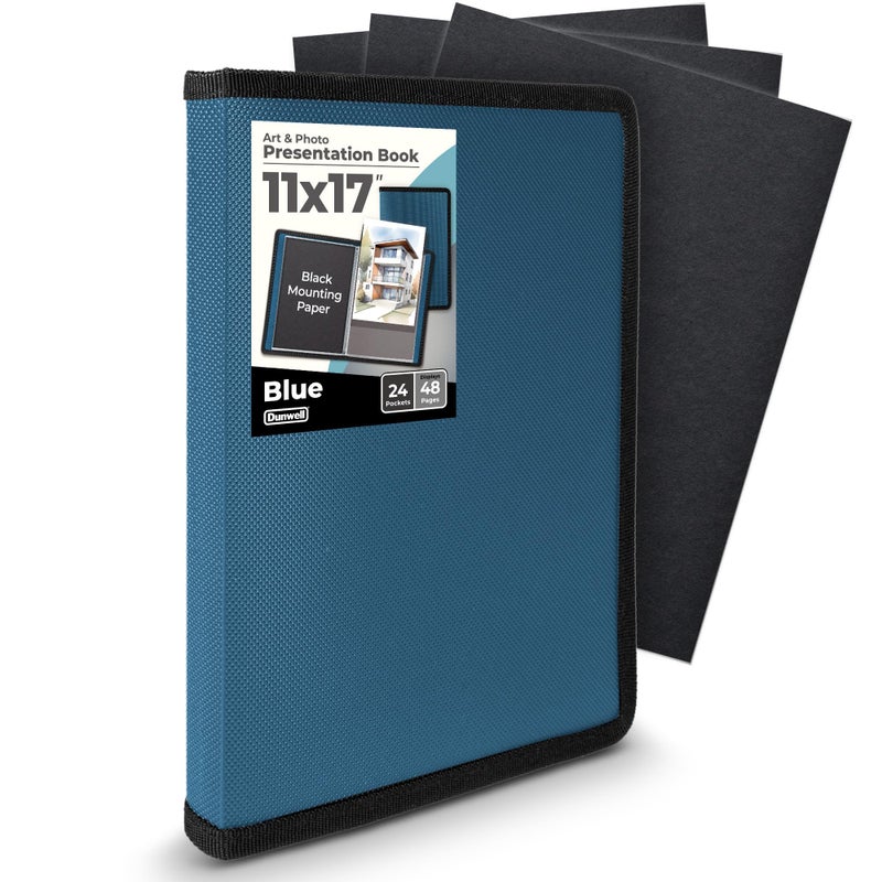 Dunwell Dunwell 11x17 Art Portfolio Binder with Black Mounting Paper Blue Large Portfolio Folder for Artwork Storage 24 Plastic Sleeves Displays 48 Pages AcidFree Poly 11 x 17 Presentation Book