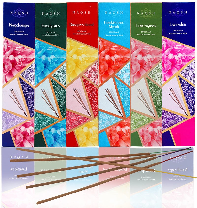 Naqsh Premium Hand Rolled Incense Assorted 6x20 Mesmerizing Incense Sticks Including Lavender Dragons Blood Frankincense Myrrh Lemongrass Eucalyptus and Nagchampa