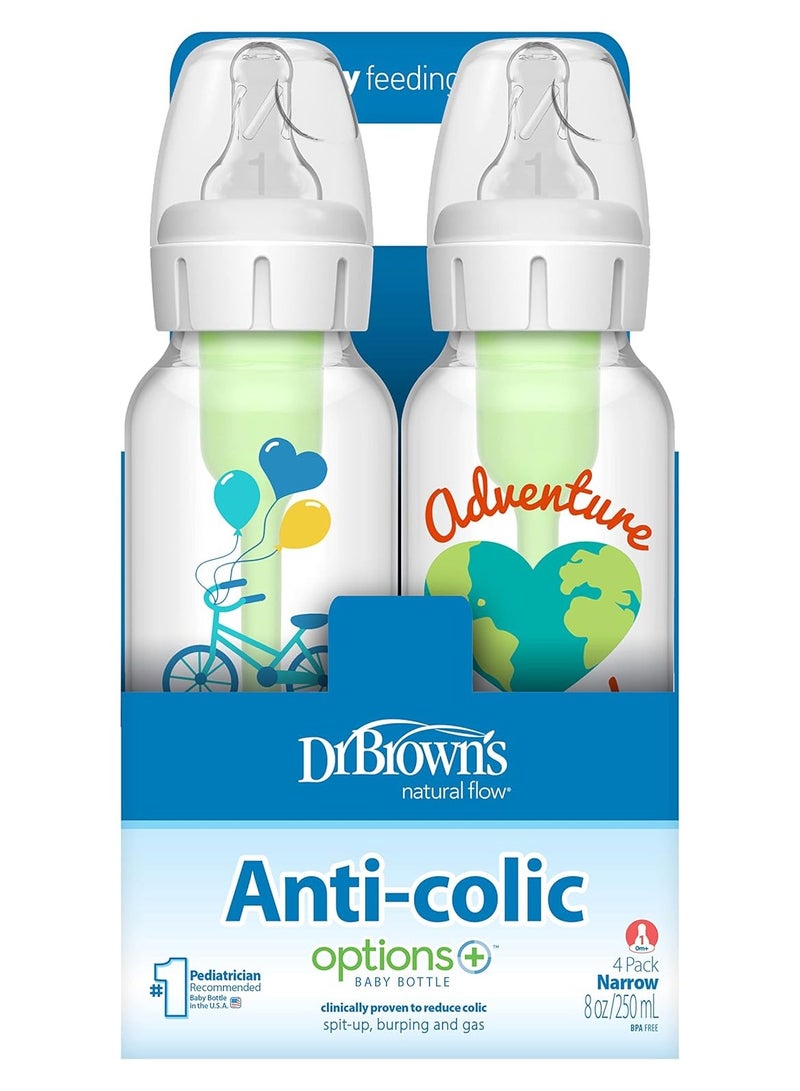 Dr. Brown’s Natural Flow® Anti-Colic Options+™ Narrow Baby Bottles 8 oz/250 mL, with Level 1 Slow Flow, 4 Pack, Dream Adventure, 0m+ - Image 5