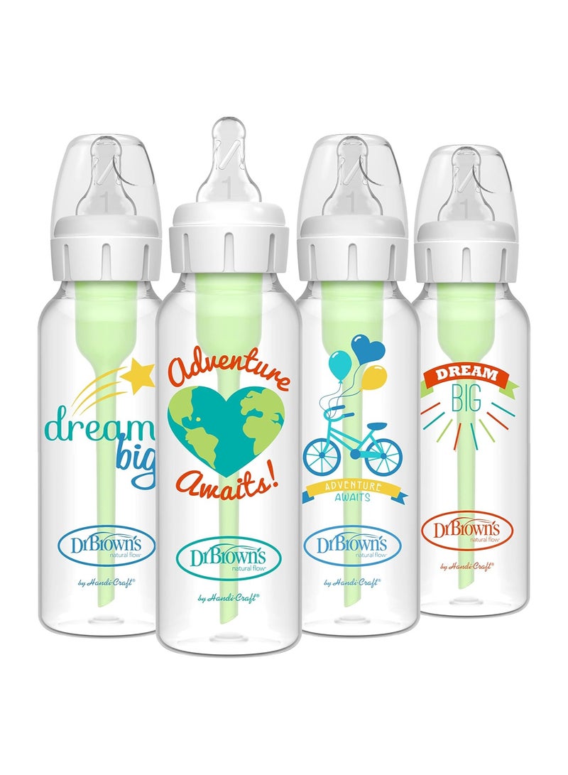 Dr. Brown’s Natural Flow® Anti-Colic Options+™ Narrow Baby Bottles 8 oz/250 mL, with Level 1 Slow Flow, 4 Pack, Dream Adventure, 0m+ - Image 1