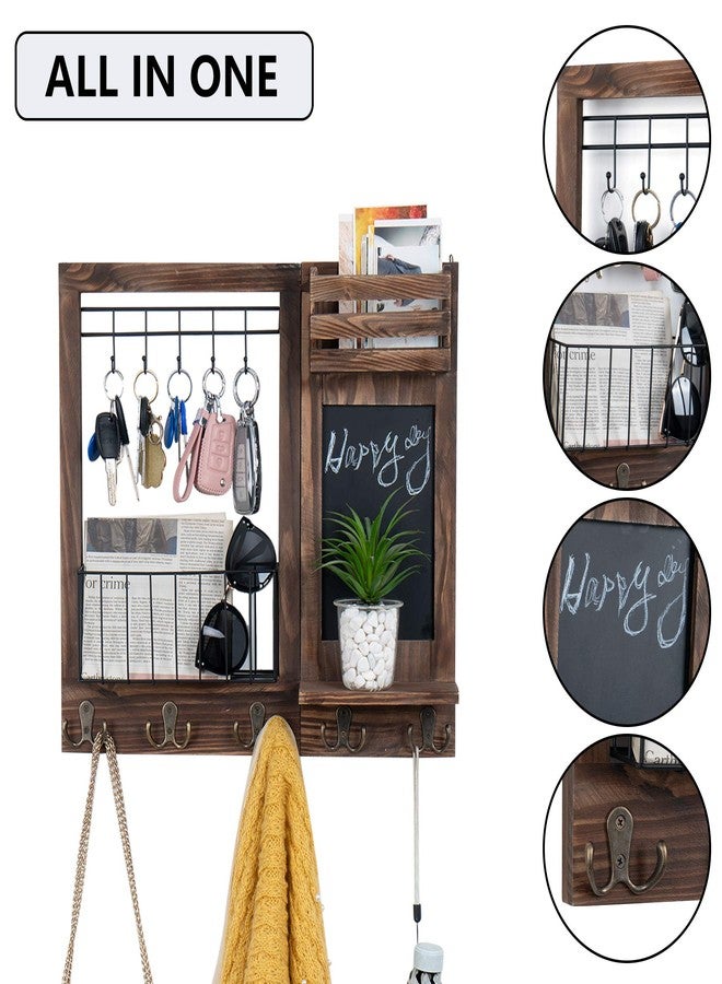 Dhmkfly Key Holder, Wall Mail Key Holder Wooden Hanging Mail Storage for Entryway Mail Holder, Wall Decorative with 5 Double Hooks and Chalkboard (Burnt Paulownia) - Image 3
