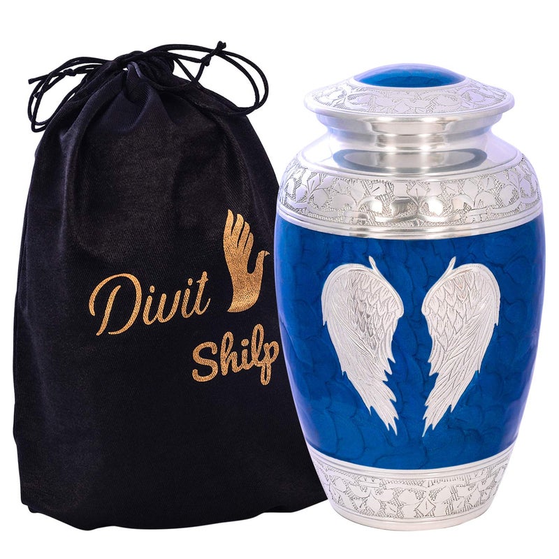 Divit Shilp Cremation Urn for Human Ashes with Satin Bag for Adults up to 200 lbs Large Handcrafted Funeral Urns Blue Angel Wings Adult