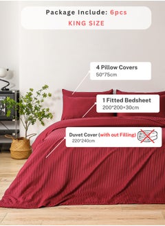 LUNA Home Premium King Size 6 Pieces Bedding Set Without Filler Solid Berry Red  Satin Stripe Design  - Image 2