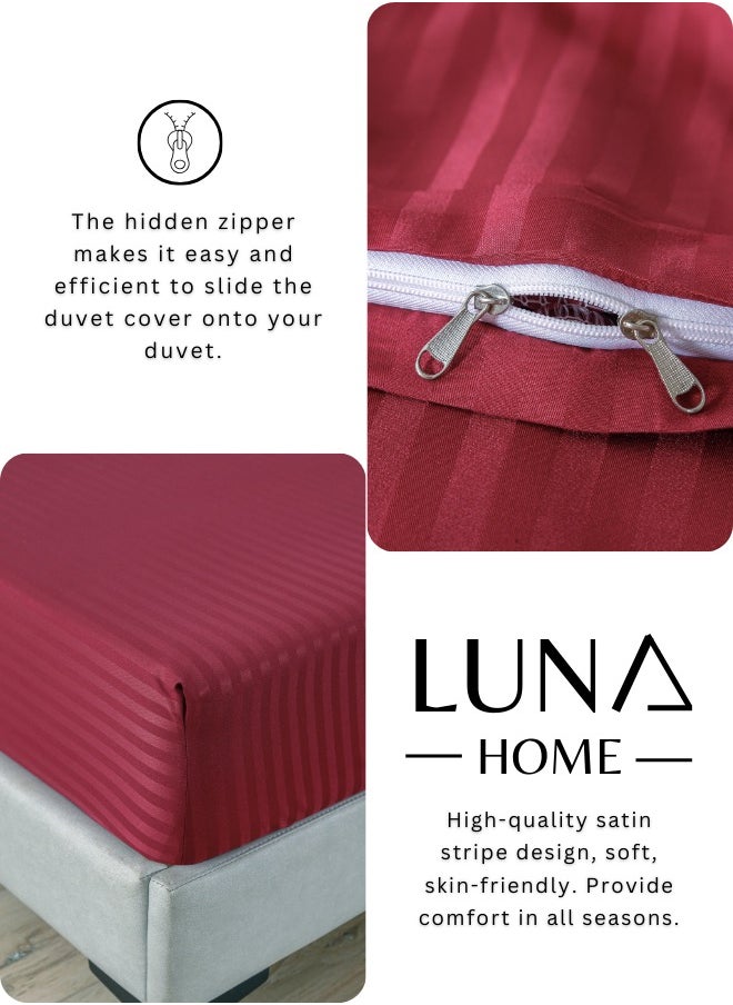 LUNA Home - Premium King Size 6 Pieces Bedding Set Without Filler Solid Berry Red  Satin Stripe Design - Image 1