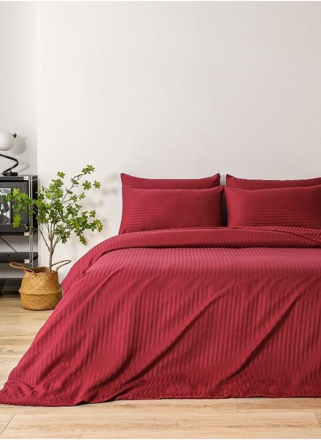LUNA Home - Premium King Size 6 Pieces Bedding Set Without Filler Solid Berry Red  Satin Stripe Design - Image 1