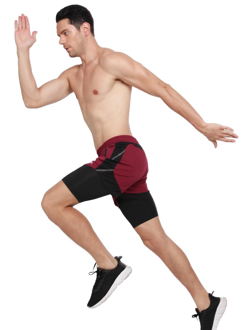 ARSUXEO Men's 2 in 1 Active Running Shorts with 2 Zipper Pockets B191 Red Size Large - Image 3
