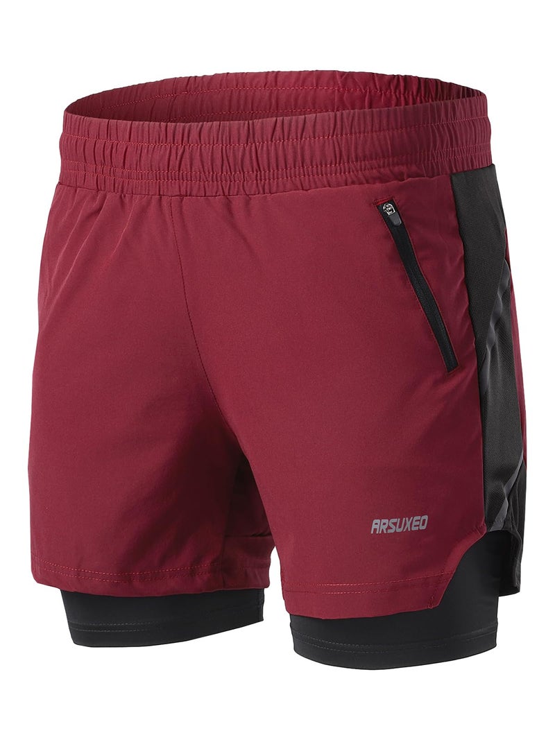 ARSUXEO Men's 2 in 1 Active Running Shorts with 2 Zipper Pockets B191 Red Size Large - Image 1