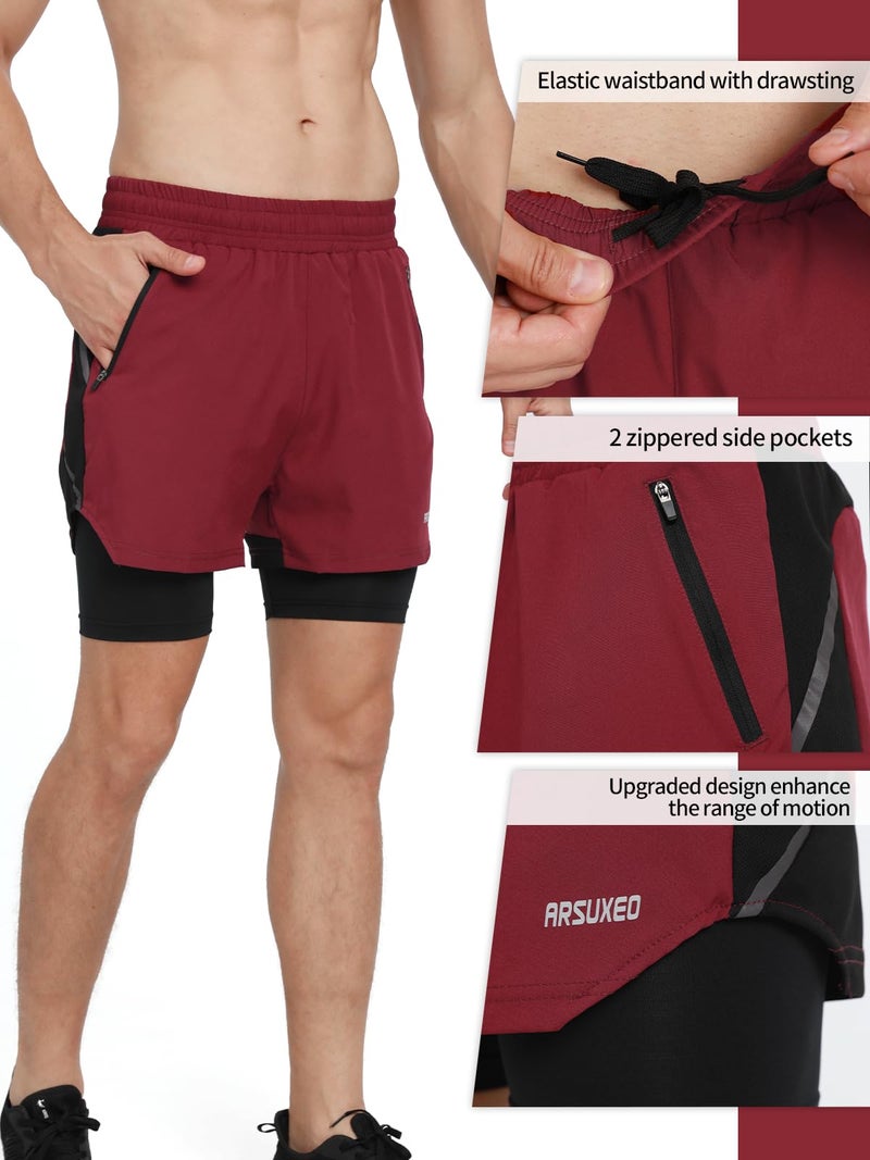 ARSUXEO Men's 2 in 1 Active Running Shorts with 2 Zipper Pockets B191 Red Size Large - Image 4