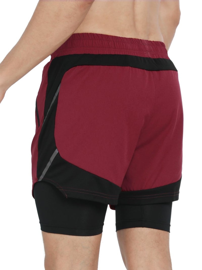 ARSUXEO Men's 2 in 1 Active Running Shorts with 2 Zipper Pockets B191 Red Size Large - Image 2